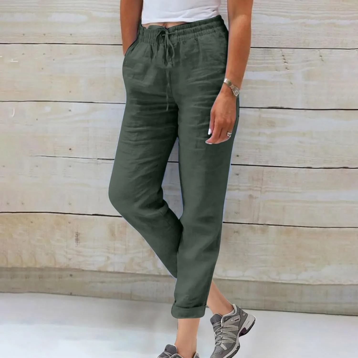 SHOPESSA Linen Pants for Women Drawstring high Waisted Capris with Pockets Solid Color Ladies capriswomen Linen Pants