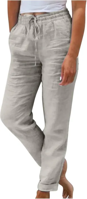 SHOPESSA Linen Pants for Women Drawstring high Waisted Capris with Pockets Solid Color Ladies capriswomen Linen Pants