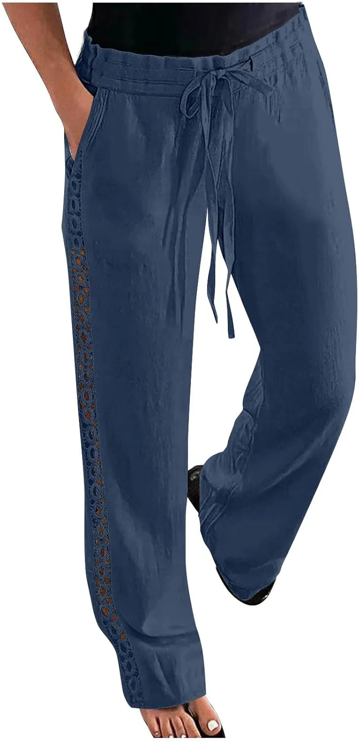 SHOPESSA Linen Pants Women 2025 Summer Hollow Out Side Long Pants Casual Wide Leg Palazzo Pants with Pockets