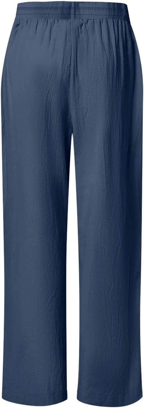 SHOPESSA Linen Pants Women 2025 Summer Hollow Out Side Long Pants Casual Wide Leg Palazzo Pants with Pockets