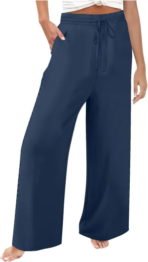 SHOPESSA Linen Pants Women 2025 Summer Hollow Out Side Long Pants Casual Wide Leg Palazzo Pants with Pockets