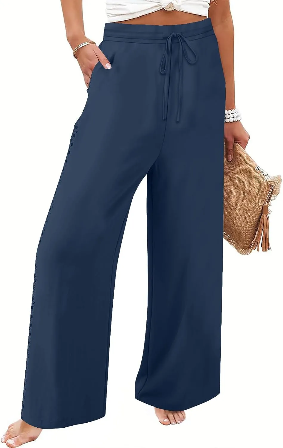 SHOPESSA Linen Pants Women 2025 Summer Hollow Out Side Long Pants Casual Wide Leg Palazzo Pants with Pockets