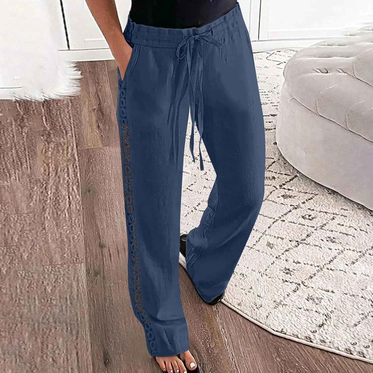 SHOPESSA Linen Pants Women 2025 Summer Hollow Out Side Long Pants Casual Wide Leg Palazzo Pants with Pockets