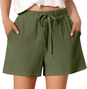 Shorts for Women 2025 Trendy Summer Elastic Beach Shorts with Pockets Linen Solid High Rise Travel Pants Loose Fashion