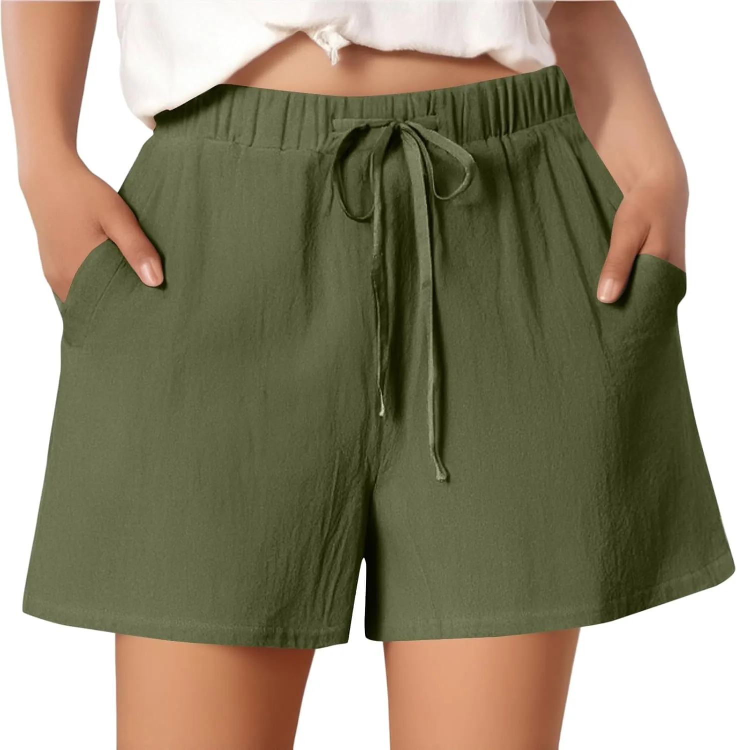 Shorts for Women 2025 Trendy Summer Elastic Beach Shorts with Pockets Linen Solid High Rise Travel Pants Loose Fashion