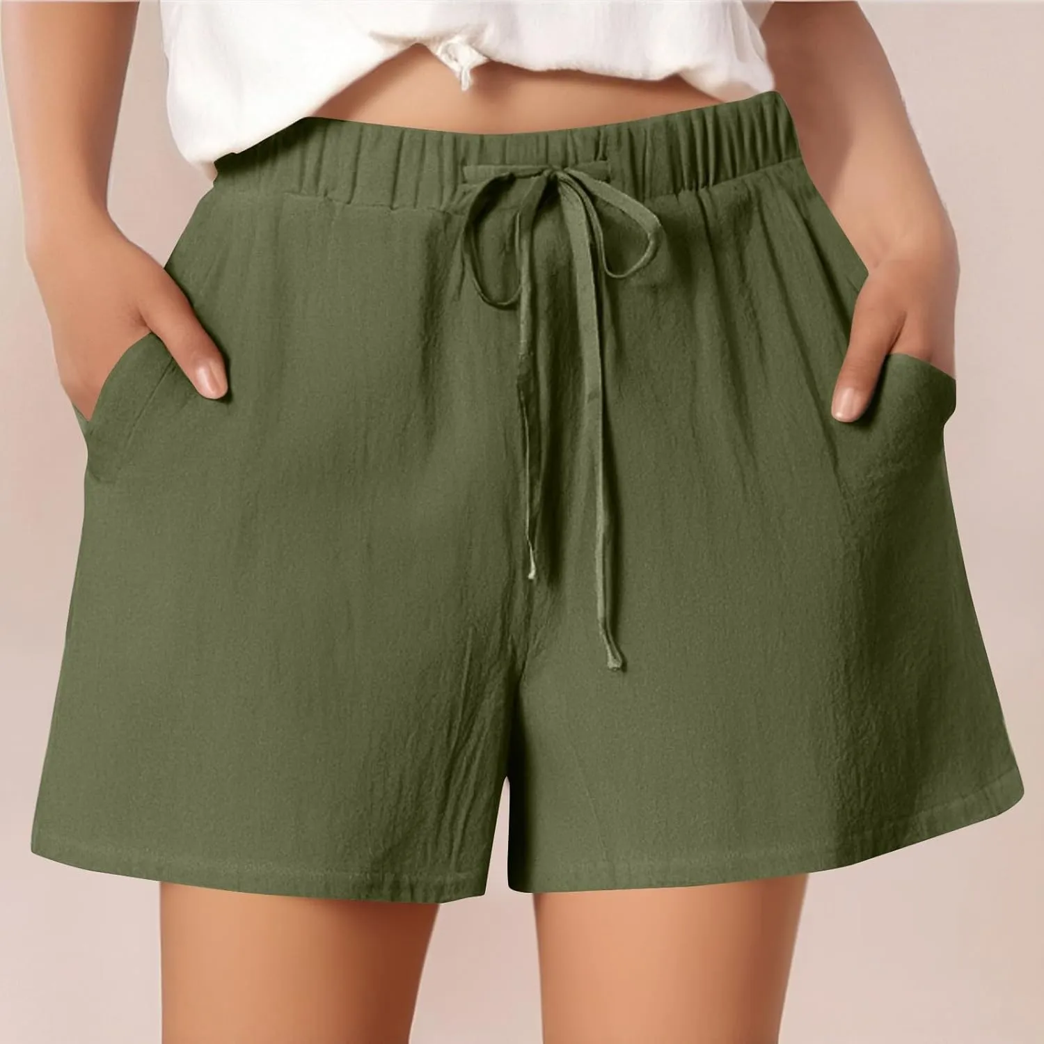 Shorts for Women 2025 Trendy Summer Elastic Beach Shorts with Pockets Linen Solid High Rise Travel Pants Loose Fashion