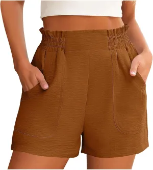 Shorts for Women Solid Color Elastic High Waisted Wide Leg Short Pants with Pockets Summer Casual Lightweight Shorts