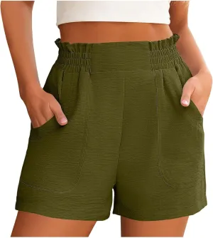 Shorts for Women Solid Color Elastic High Waisted Wide Leg Short Pants with Pockets Summer Casual Lightweight Shorts