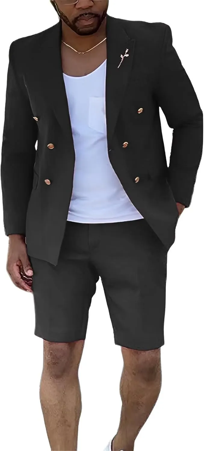 Shorts Suits for Men 2 Piece Slim Fit Double Breasted Mens Shorts Suit Set Casual Prom Summer Beach Wedding Tuxedos