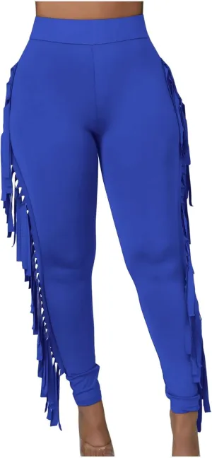 Sinzelimin Women's Sexy Tight Pants Fashion Solid Color Side Tassel High Waist Stretch Yoga Leggings Slim Full Length Trouser