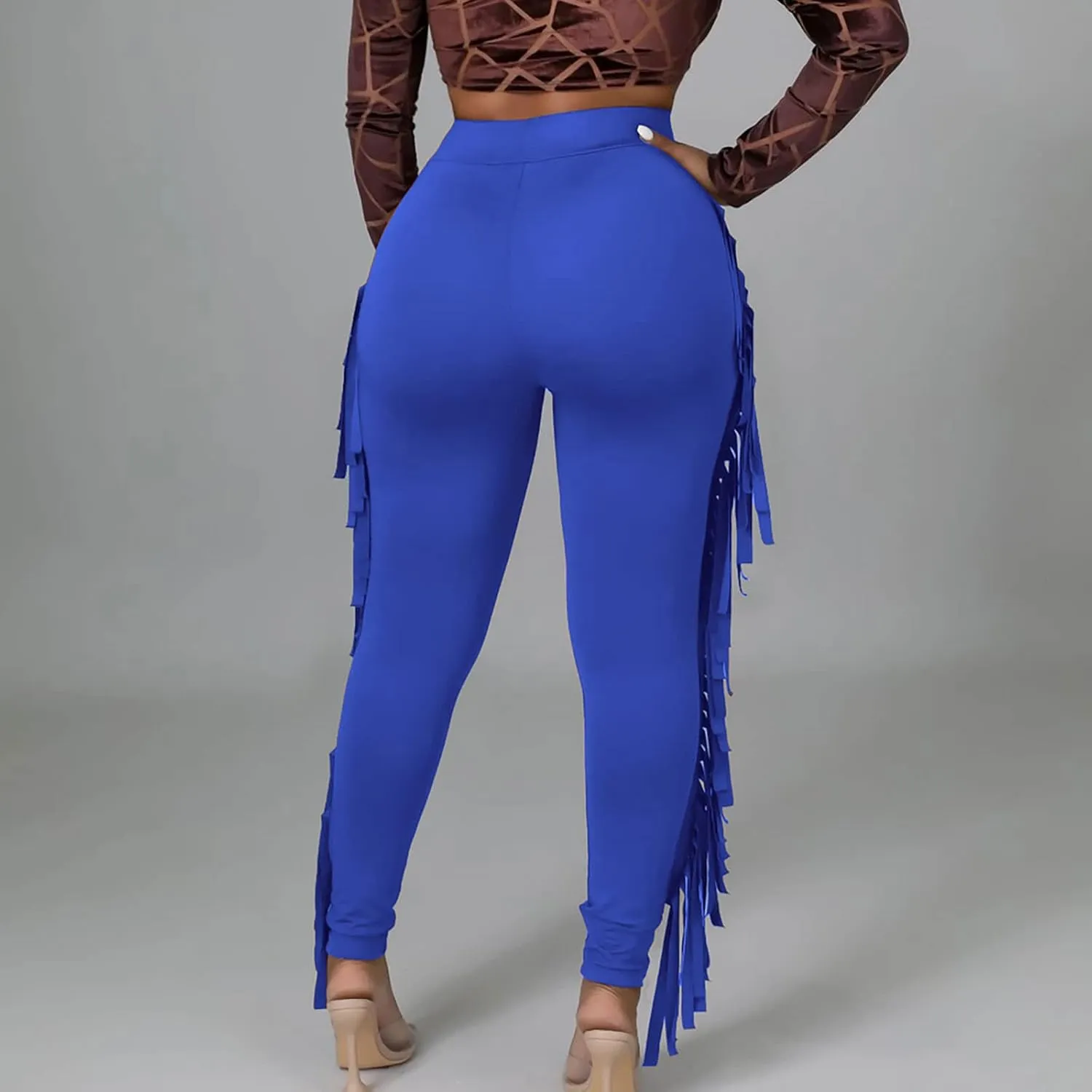 Sinzelimin Women's Sexy Tight Pants Fashion Solid Color Side Tassel High Waist Stretch Yoga Leggings Slim Full Length Trouser