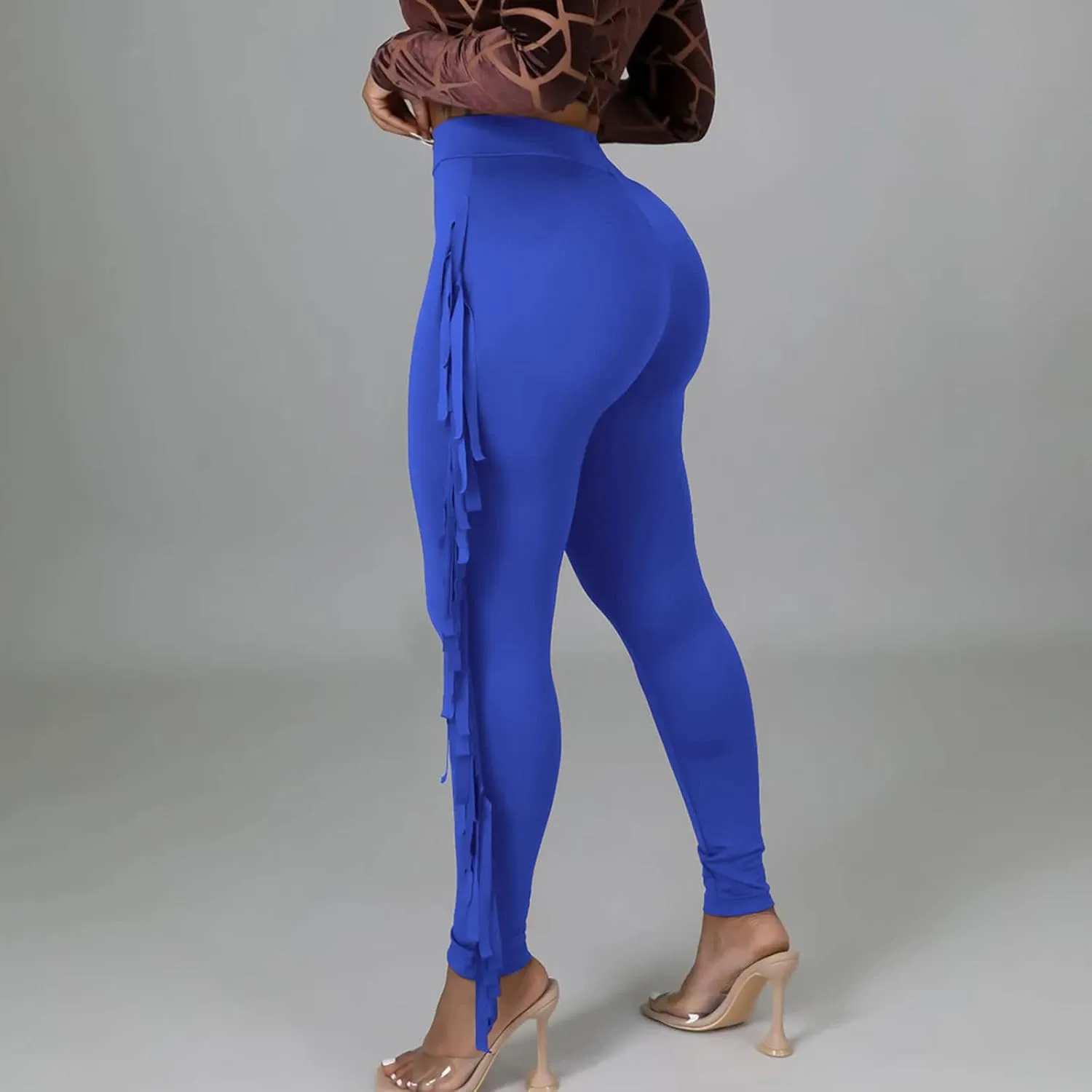 Sinzelimin Women's Sexy Tight Pants Fashion Solid Color Side Tassel High Waist Stretch Yoga Leggings Slim Full Length Trouser