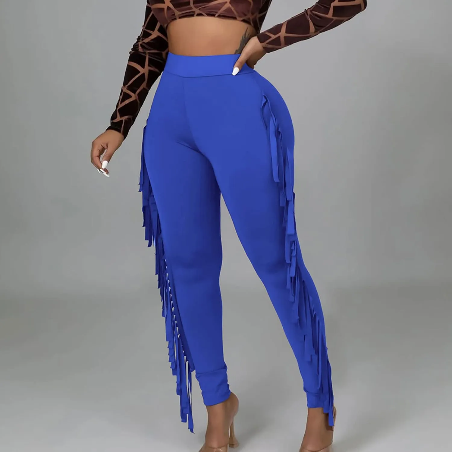 Sinzelimin Women's Sexy Tight Pants Fashion Solid Color Side Tassel High Waist Stretch Yoga Leggings Slim Full Length Trouser