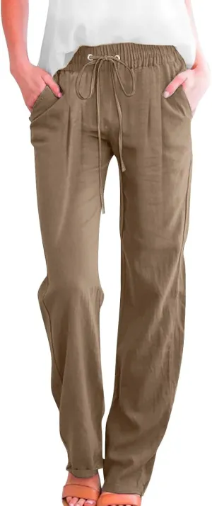 Slim Straight Leg Linen Pants for Women Summer Pants Elastic High Waist Drawstring Beach Trouser Business Work Slacks