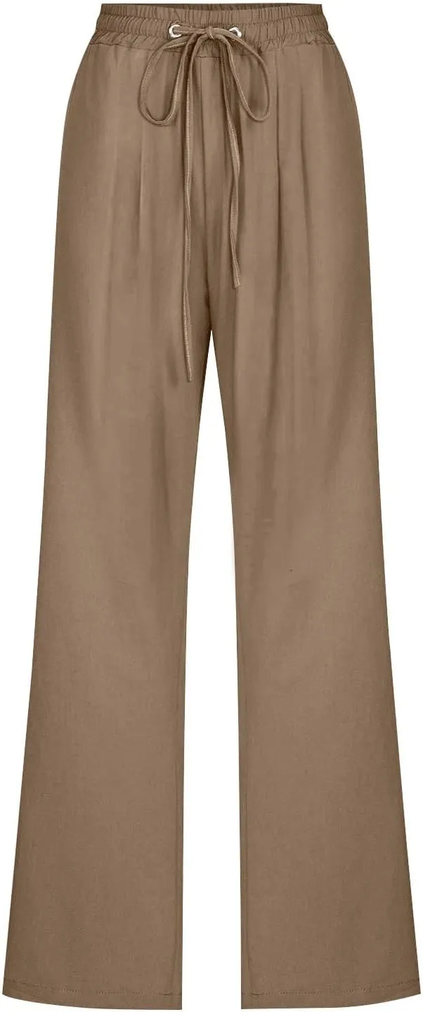 Slim Straight Leg Linen Pants for Women Summer Pants Elastic High Waist Drawstring Beach Trouser Business Work Slacks