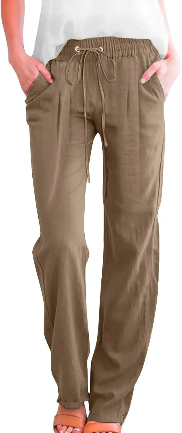 Slim Straight Leg Linen Pants for Women Summer Pants Elastic High Waist Drawstring Beach Trouser Business Work Slacks
