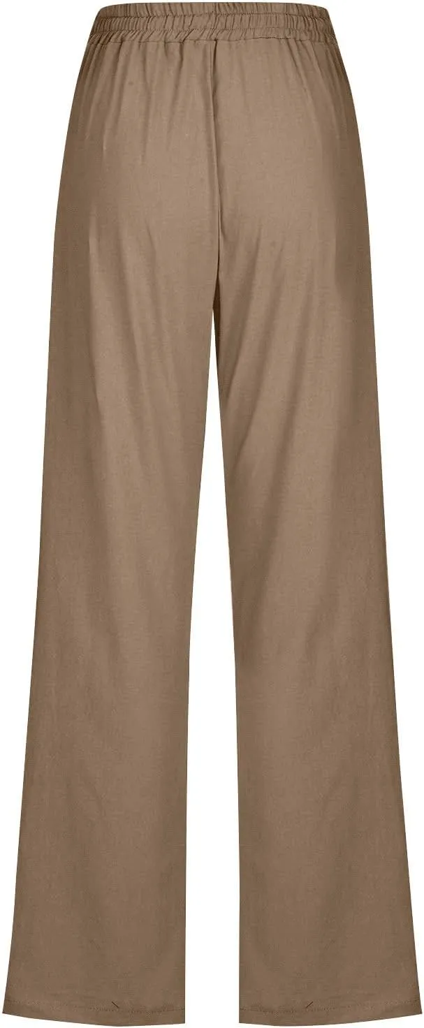 Slim Straight Leg Linen Pants for Women Summer Pants Elastic High Waist Drawstring Beach Trouser Business Work Slacks