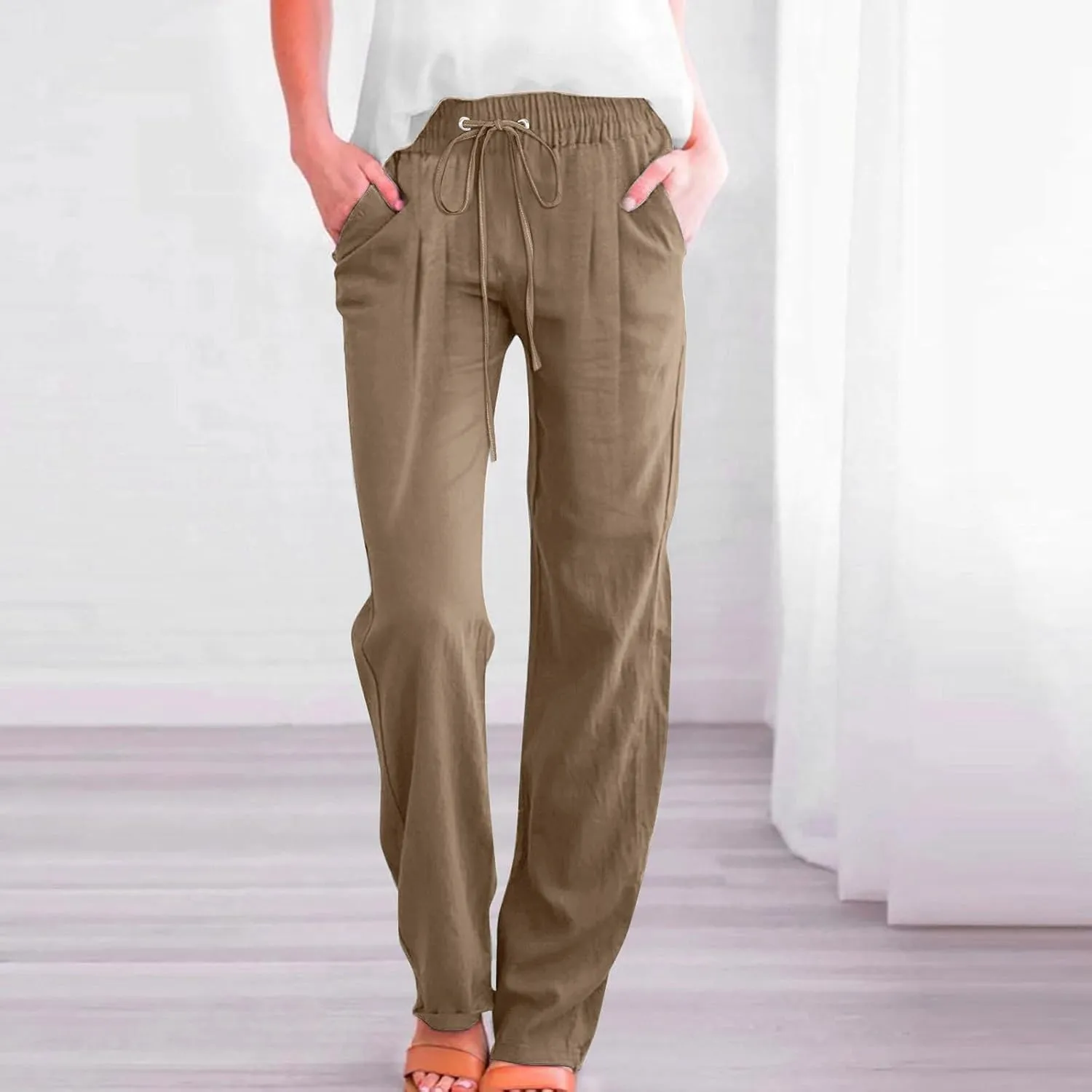Slim Straight Leg Linen Pants for Women Summer Pants Elastic High Waist Drawstring Beach Trouser Business Work Slacks