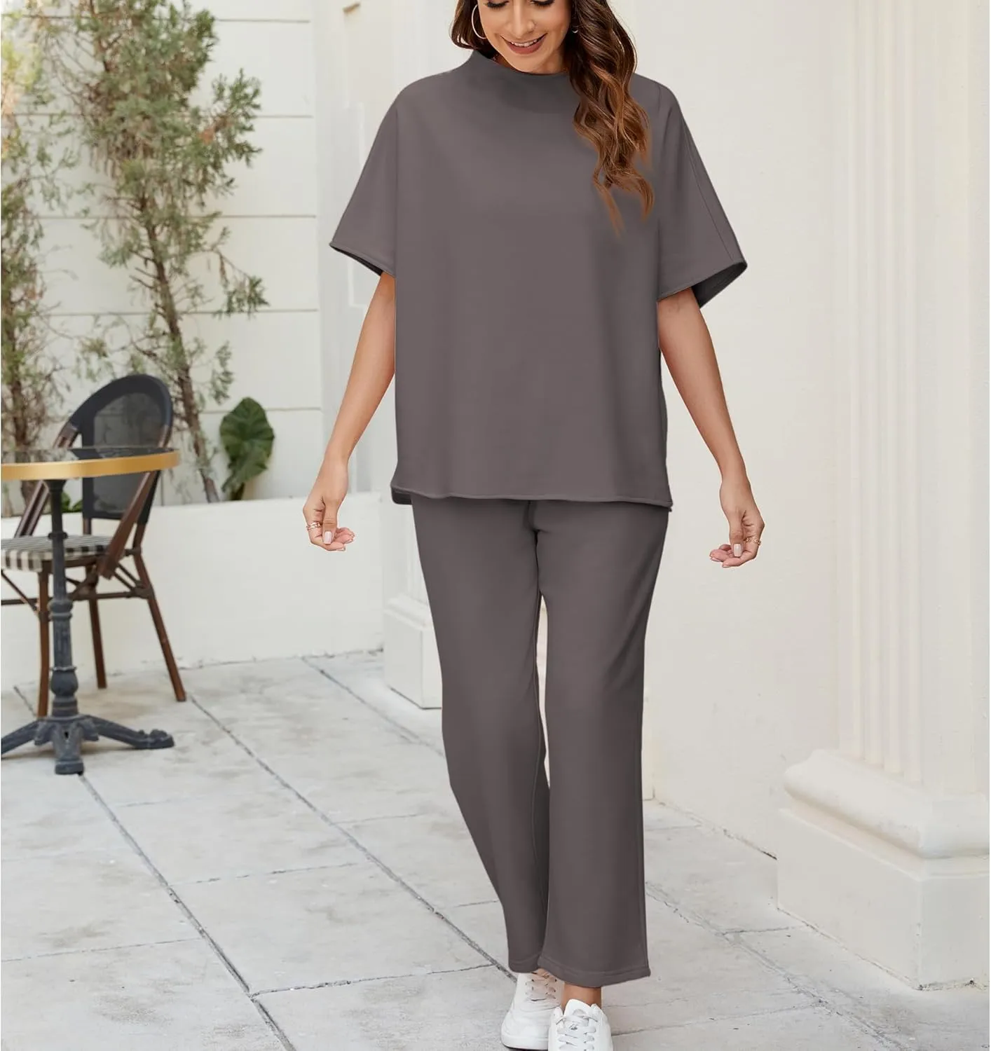 Songling 2 Piece Sets For Women Short Sleeve Pullover Tops and Wide Leg Pants Travel Lounge Matching Set With Pockets