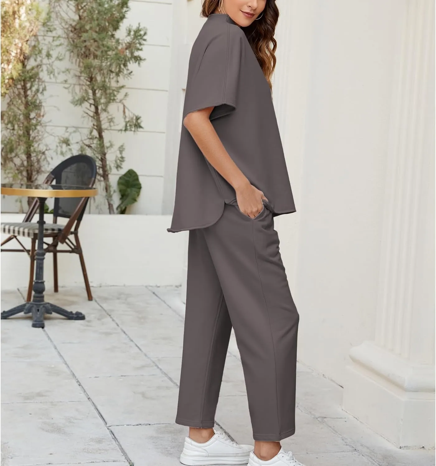 Songling 2 Piece Sets For Women Short Sleeve Pullover Tops and Wide Leg Pants Travel Lounge Matching Set With Pockets