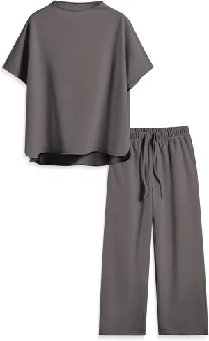 Songling 2 Piece Sets For Women Short Sleeve Pullover Tops and Wide Leg Pants Travel Lounge Matching Set With Pockets