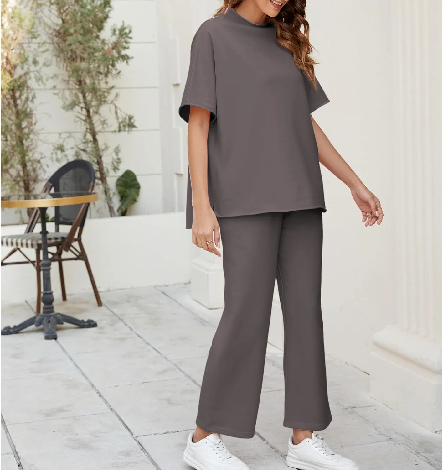 Songling 2 Piece Sets For Women Short Sleeve Pullover Tops and Wide Leg Pants Travel Lounge Matching Set With Pockets
