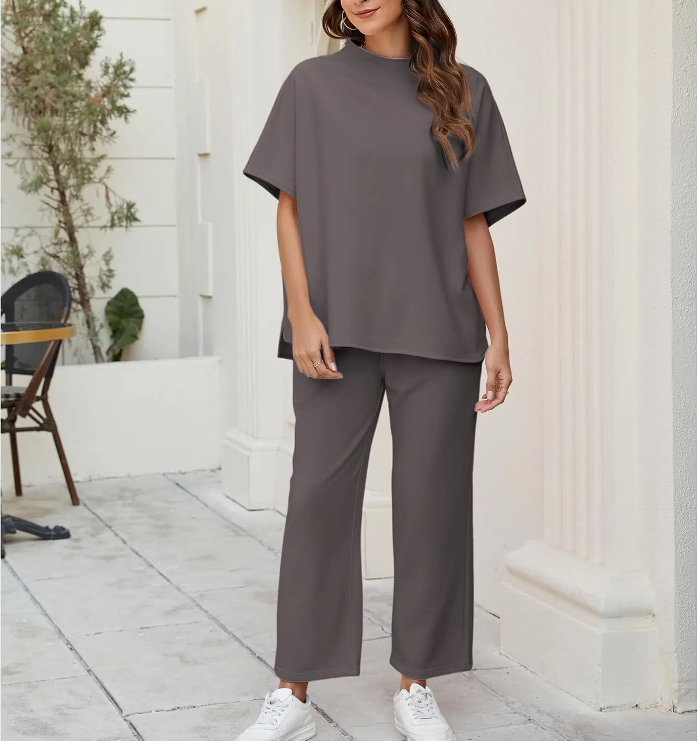 Songling 2 Piece Sets For Women Short Sleeve Pullover Tops and Wide Leg Pants Travel Lounge Matching Set With Pockets