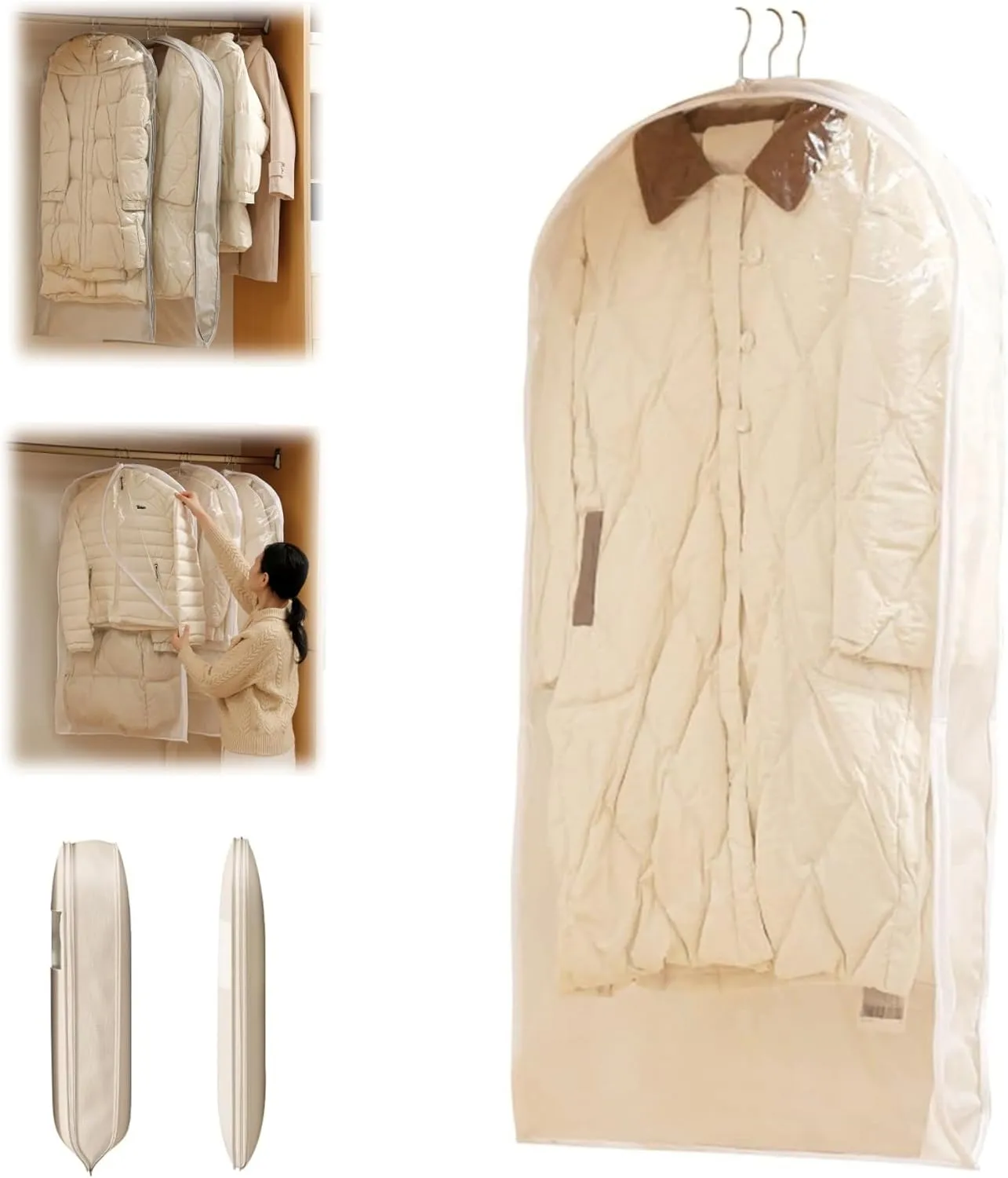 Space Saving Hanging Garment Bag with Self Compression Zipper,Space Saving Garment Bags for Travel,Hanging Clothes Travel Bag with Compression Zipper for Closet Storage (White-M)