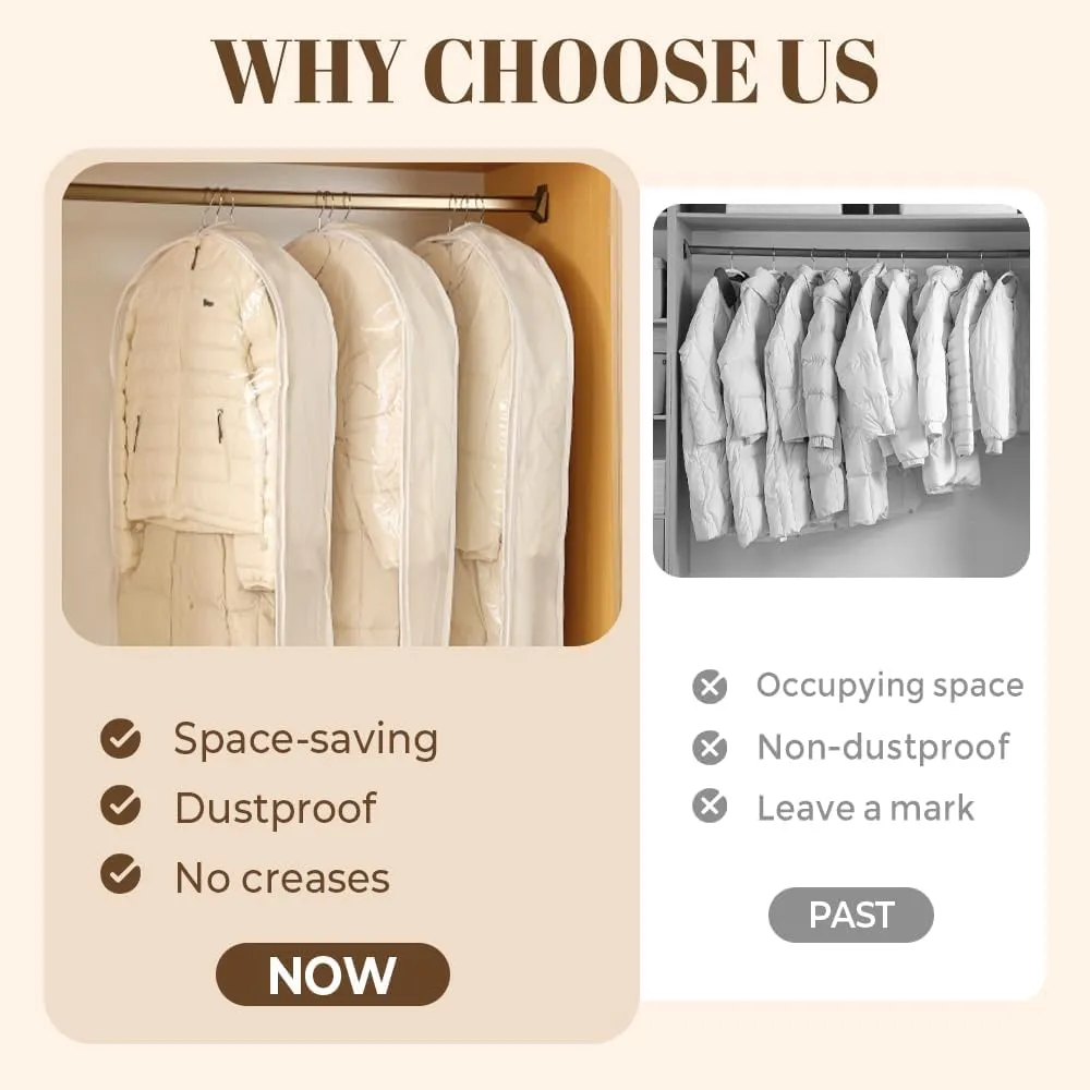 Space Saving Hanging Garment Bag with Self Compression Zipper,Space Saving Garment Bags for Travel,Hanging Clothes Travel Bag with Compression Zipper for Closet Storage (White-M)