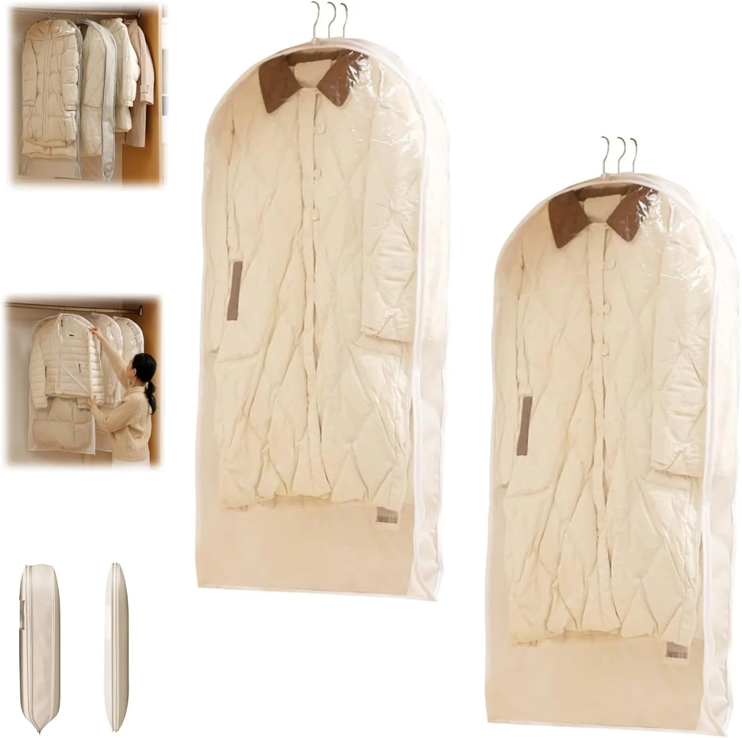 Space Saving Hanging Garment Bag with Self Compression Zipper,Space Saving Garment Bags for Travel,Hanging Clothes Travel Bag with Compression Zipper for Closet Storage (White-S-2PCS)