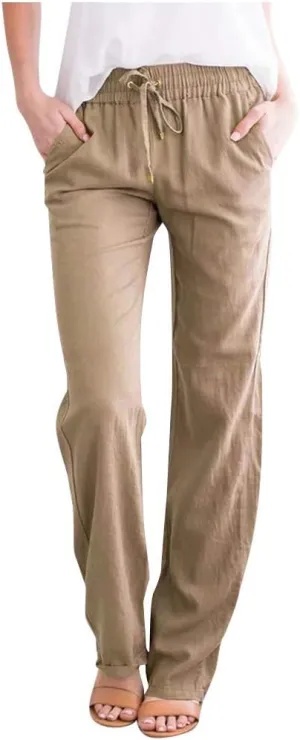Summer Beach Linen Pants for Women Casual Drawstring Elastic Waist Pants Wide Leg Trousers with Pockets