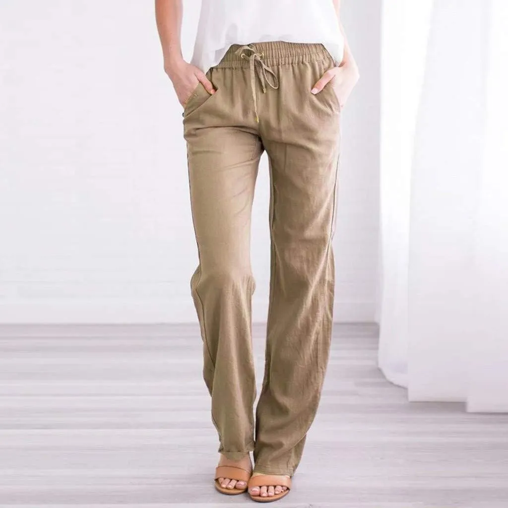 Summer Beach Linen Pants for Women Casual Drawstring Elastic Waist Pants Wide Leg Trousers with Pockets
