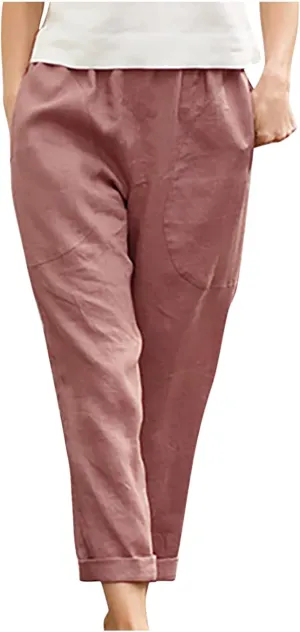 Summer Casual Cotton Linen Pants for Women Elastic Waist Loose Straight Leg Trousers Holiday Vacation Beach Pants