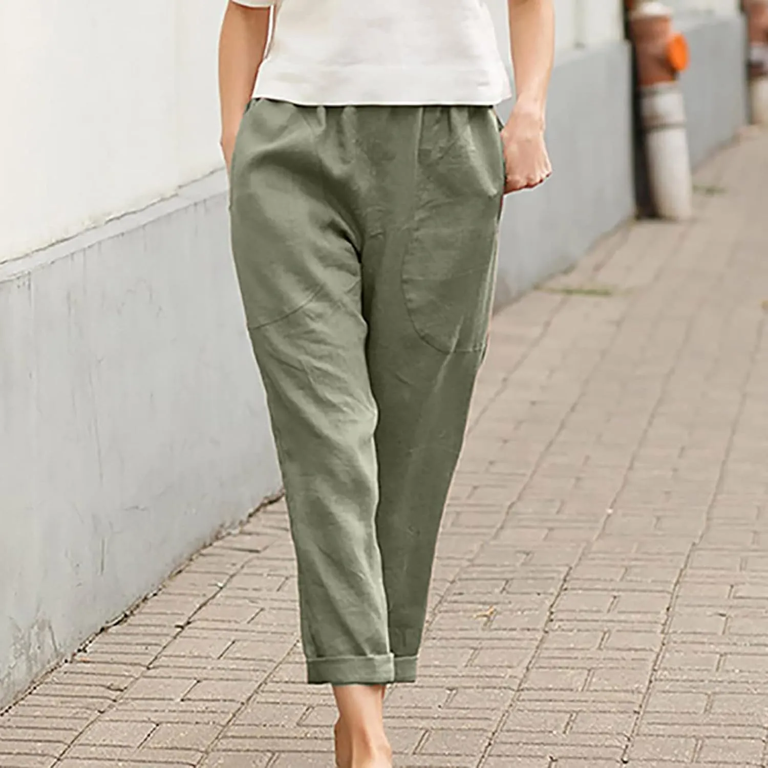 Summer Casual Cotton Linen Pants for Women Elastic Waist Loose Straight Leg Trousers Holiday Vacation Beach Pants