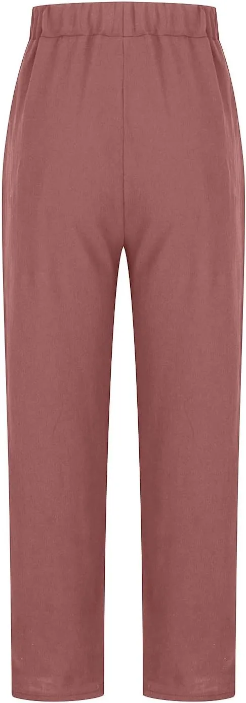 Summer Casual Cotton Linen Pants for Women Elastic Waist Loose Straight Leg Trousers Holiday Vacation Beach Pants