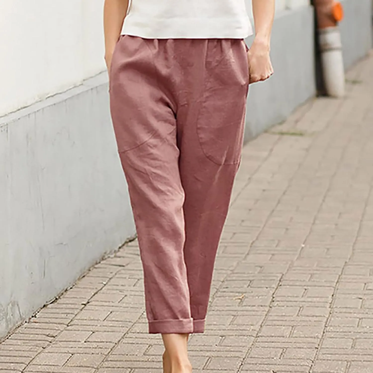 Summer Casual Cotton Linen Pants for Women Elastic Waist Loose Straight Leg Trousers Holiday Vacation Beach Pants