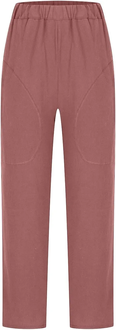 Summer Casual Cotton Linen Pants for Women Elastic Waist Loose Straight Leg Trousers Holiday Vacation Beach Pants