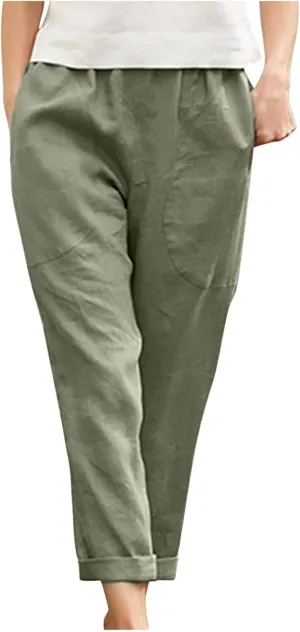Summer Casual Cotton Linen Pants for Women Elastic Waist Loose Straight Leg Trousers Holiday Vacation Beach Pants