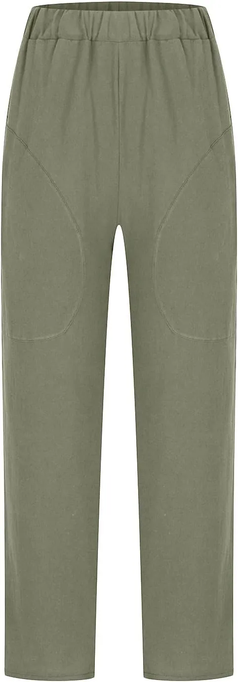 Summer Casual Cotton Linen Pants for Women Elastic Waist Loose Straight Leg Trousers Holiday Vacation Beach Pants