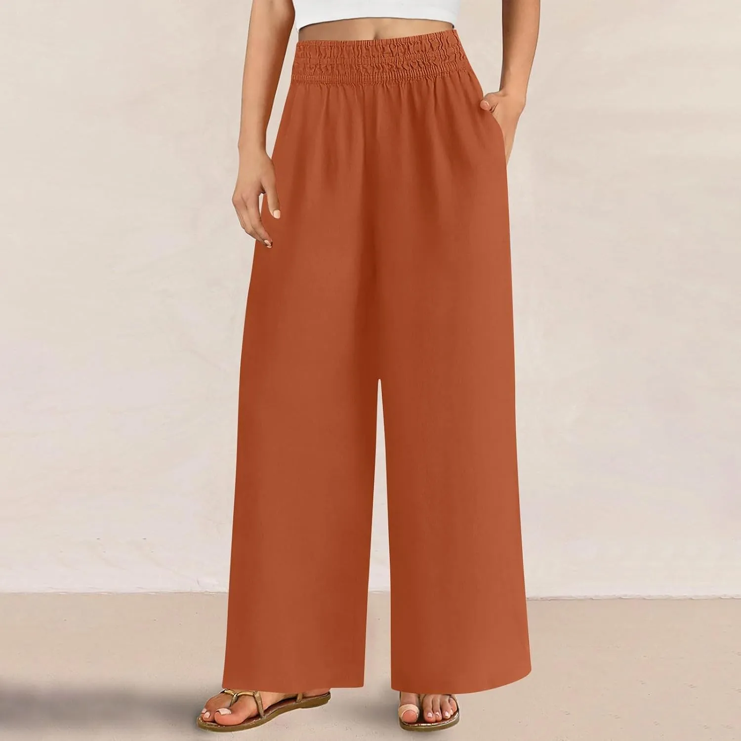 Summer Casual Loose Wide Leg Palazzo Pants for Womens Spring Linen Pants High Waist Flowy Beach Trousers Outfits