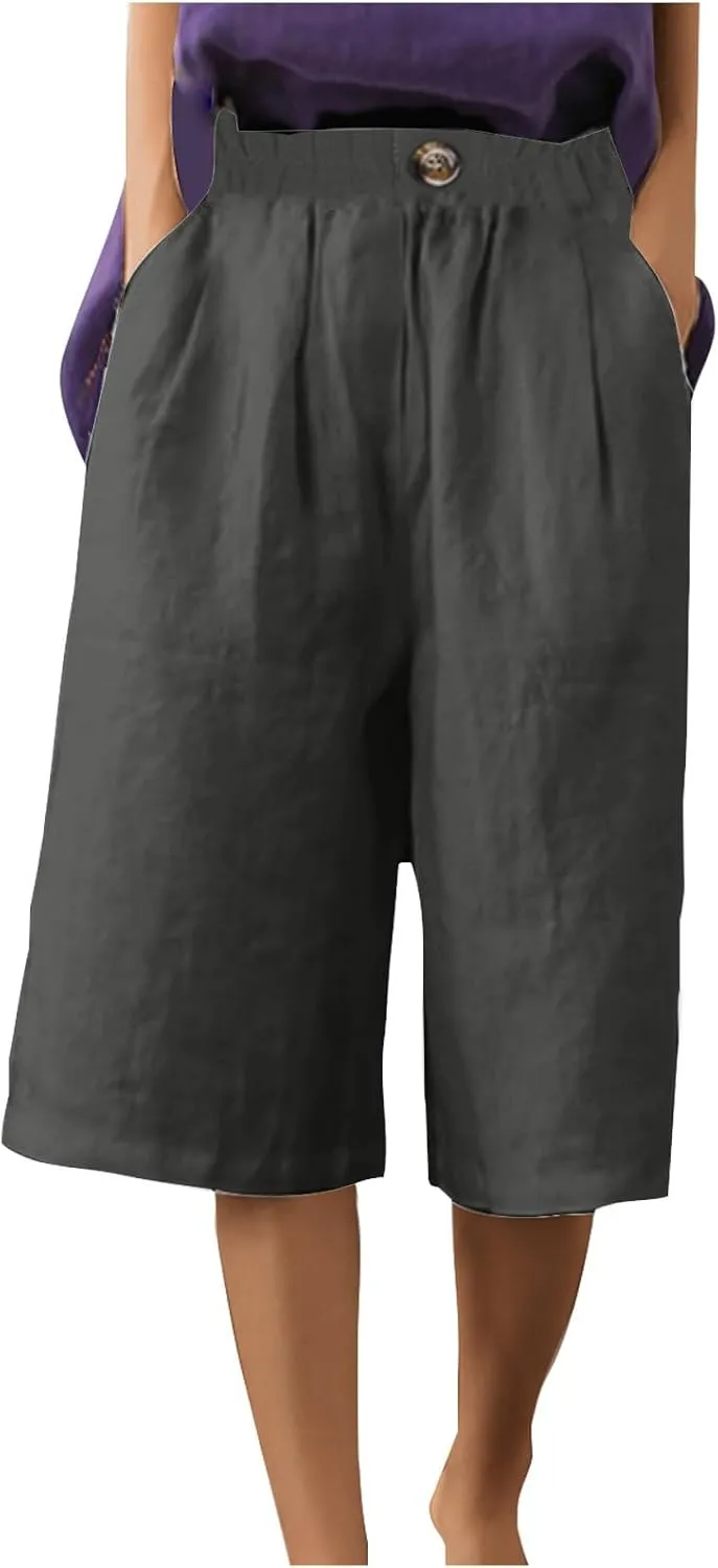 Summer Cotton Linen Capri Pant for Women, Elastic Waist Baggy Palazzo Pants Fashion Going Out Casual Home Trousers