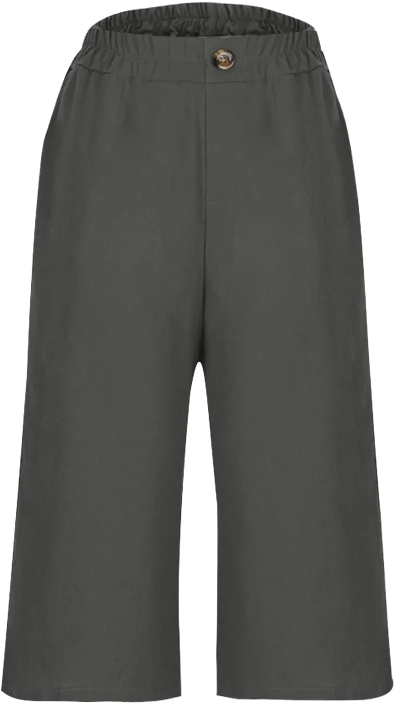 Summer Cotton Linen Capri Pant for Women, Elastic Waist Baggy Palazzo Pants Fashion Going Out Casual Home Trousers
