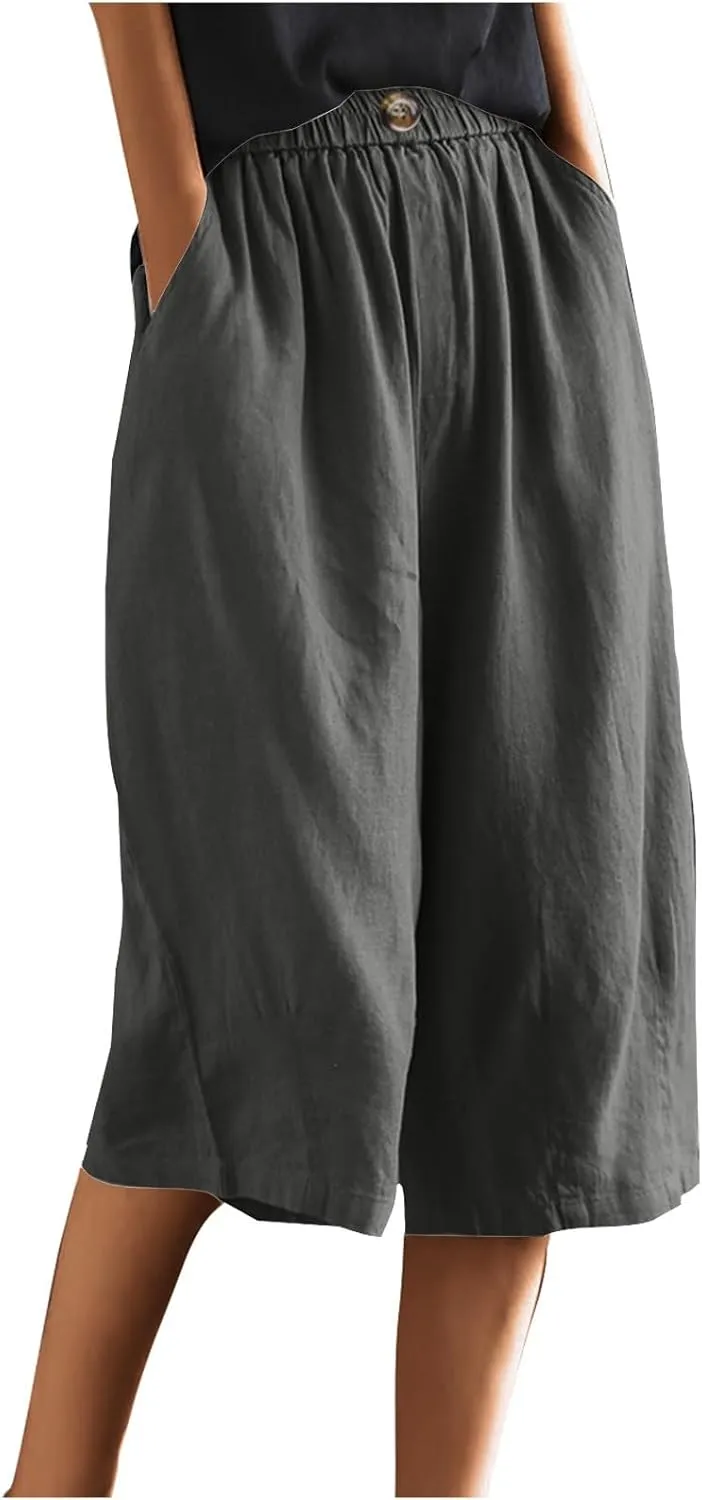 Summer Cotton Linen Capri Pant for Women, Elastic Waist Baggy Palazzo Pants Fashion Going Out Casual Home Trousers