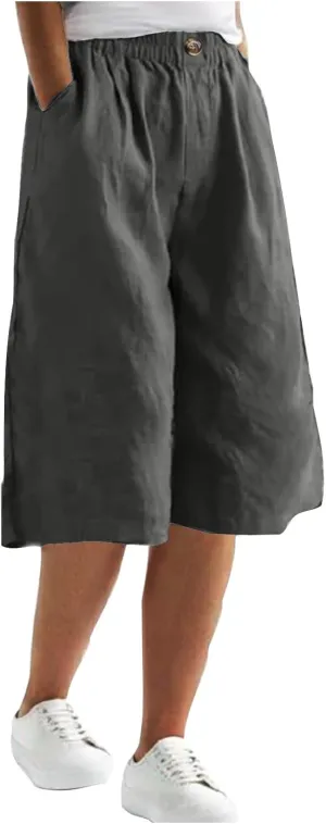 Summer Cotton Linen Capri Pant for Women, Elastic Waist Baggy Palazzo Pants Fashion Going Out Casual Home Trousers