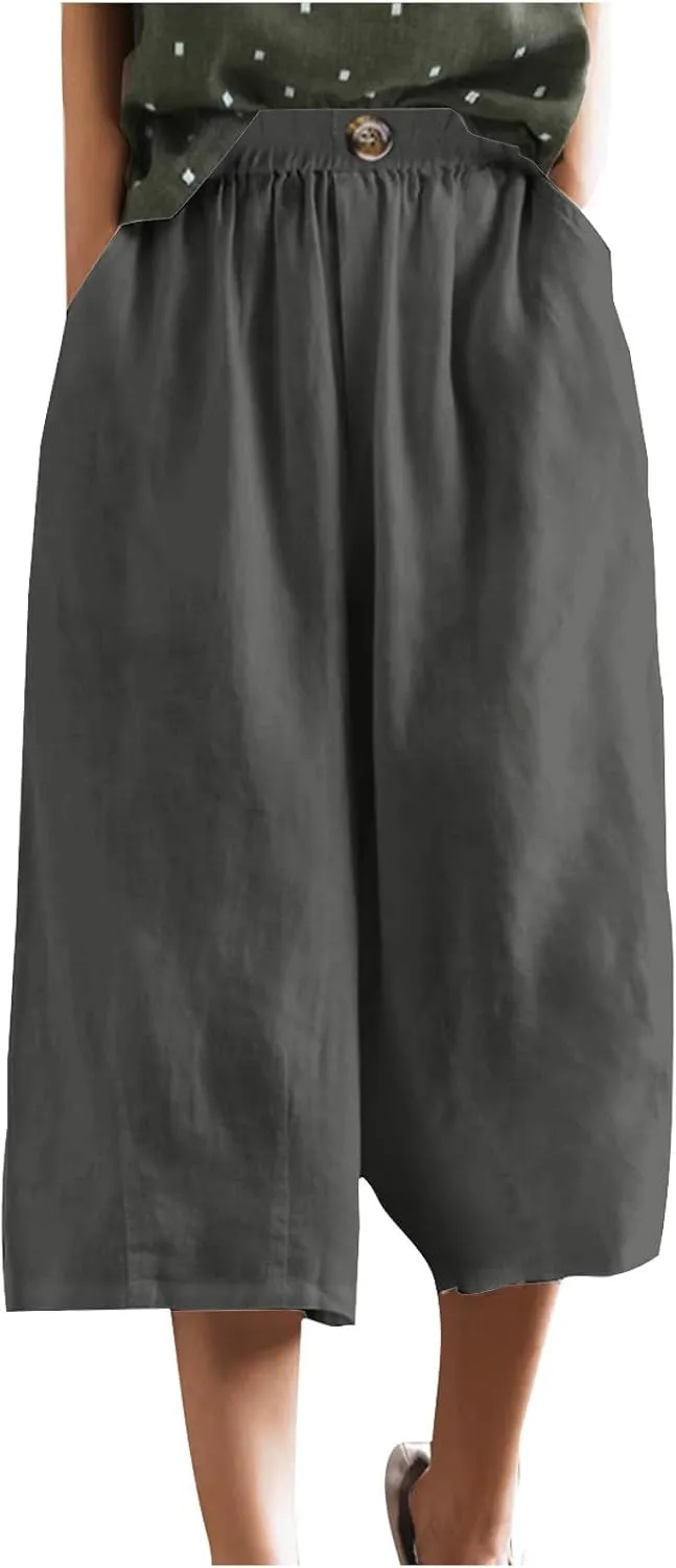 Summer Cotton Linen Capri Pant for Women, Elastic Waist Baggy Palazzo Pants Fashion Going Out Casual Home Trousers