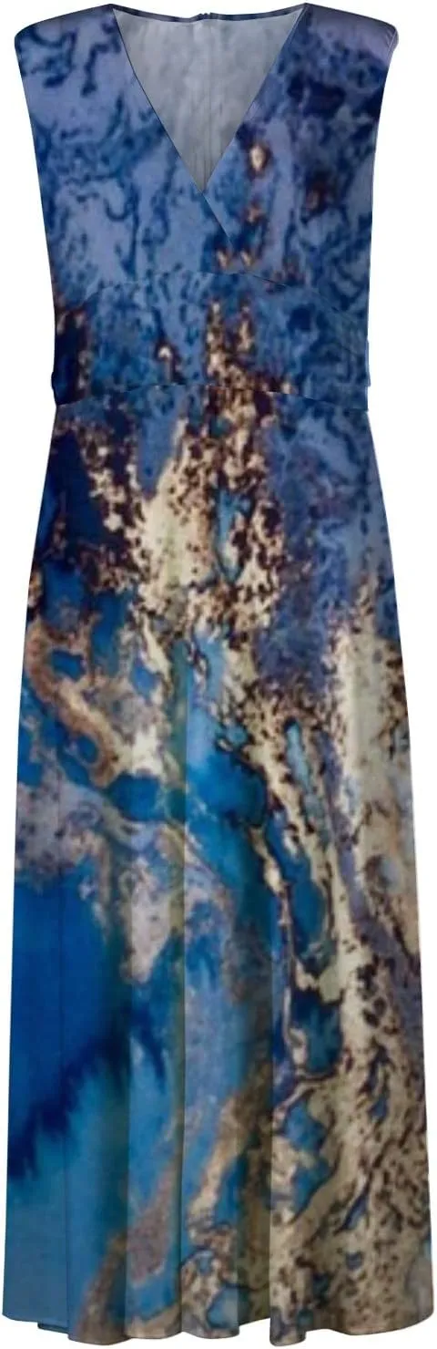 Summer Dresses for Women 2024 Elegant Wrap V Neck Sleeveless Marble Printed Sundress Flowy Swing Beach Resort Wear