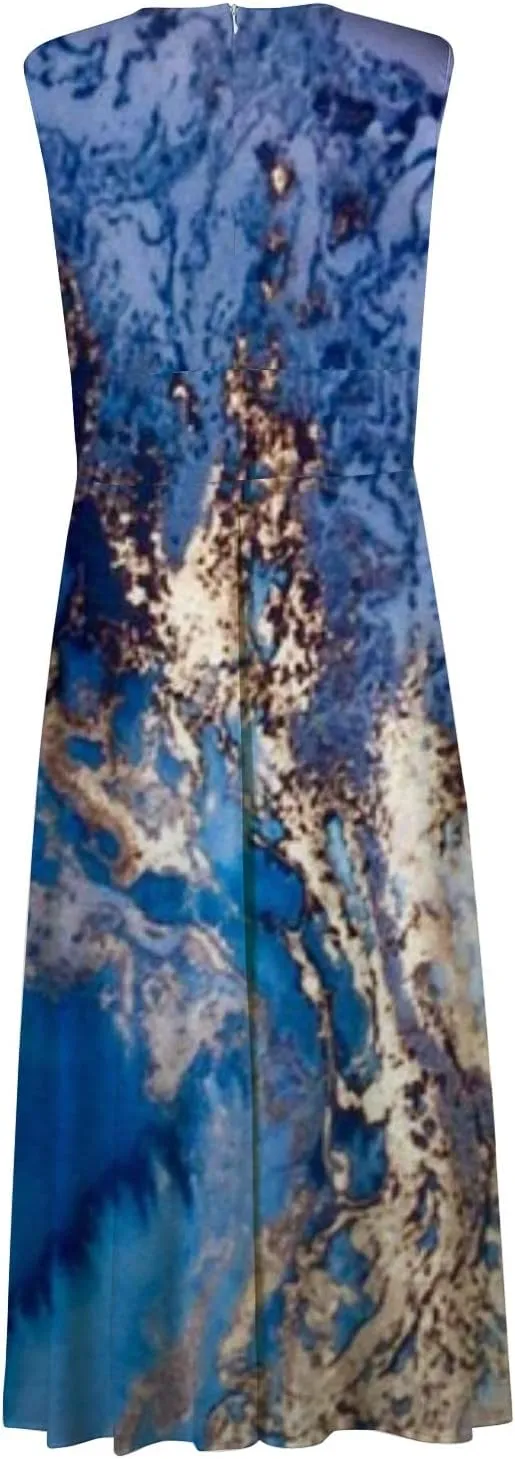 Summer Dresses for Women 2024 Elegant Wrap V Neck Sleeveless Marble Printed Sundress Flowy Swing Beach Resort Wear