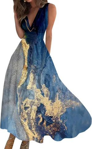 Summer Dresses for Women 2024 Elegant Wrap V Neck Sleeveless Marble Printed Sundress Flowy Swing Beach Resort Wear