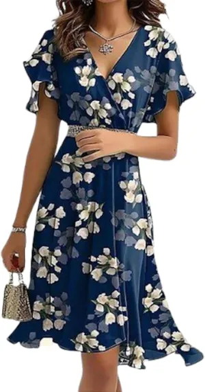 Summer Dresses for Women V Neck Ruffle Short Sleeve Floral Print Aline Mini Dress