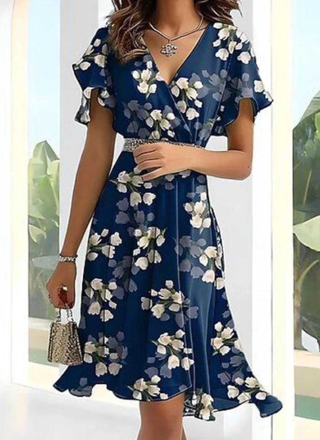 Summer Dresses for Women V Neck Ruffle Short Sleeve Floral Print Aline Mini Dress